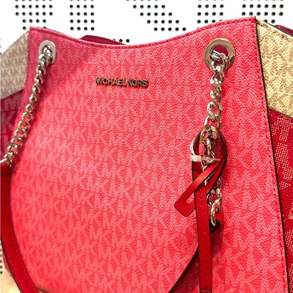 Michael Kors Jet Set LG Color-Block Signature Logo Shoulder Bag Dark Rasberry - Picture 10 of 11